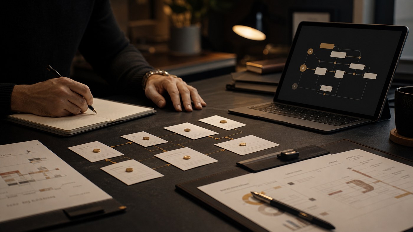 Practical automation workflow cards and digital systems on an operations desk