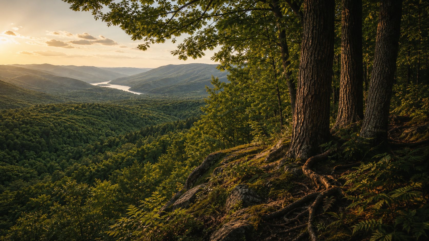 A wide forest view with detailed trees, bark, roots, and branches in the foreground