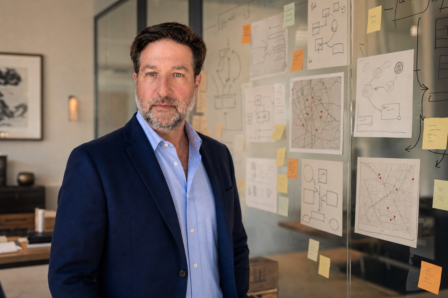 Marco Nicolayevsky in a strategy room with operating diagrams and planning notes